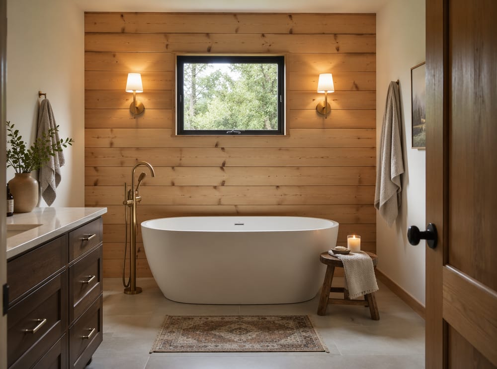 Shiplap de pino natural detrás de bañera exenta