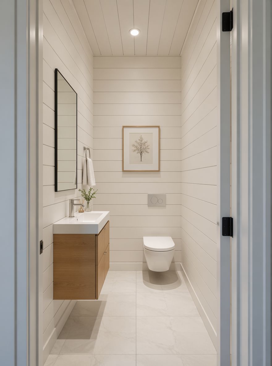 Baño en suite todo blanco con shiplap y inodoro suspendido