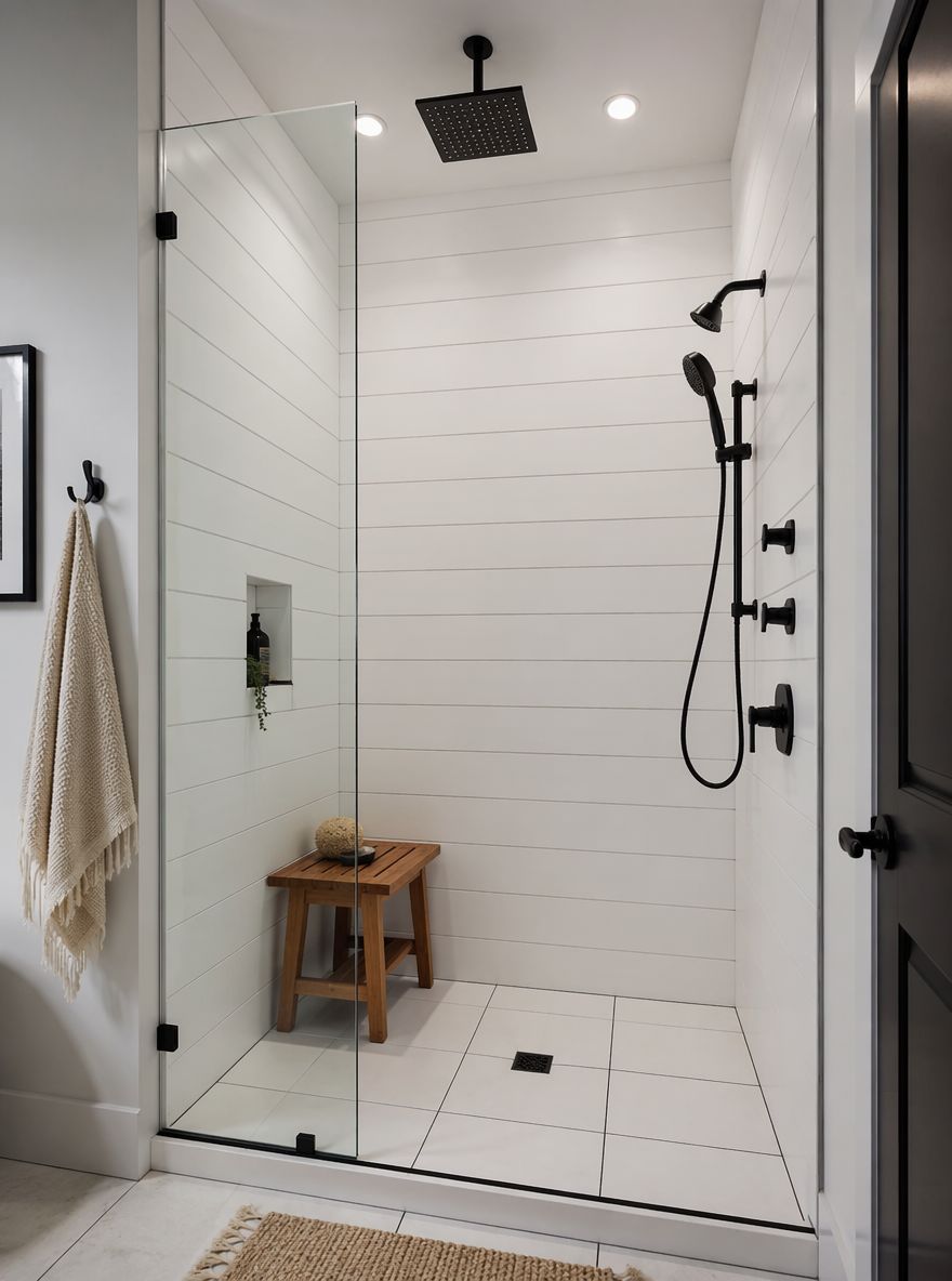 Shiplap impermeable de compuesto dentro de ducha a ras de suelo