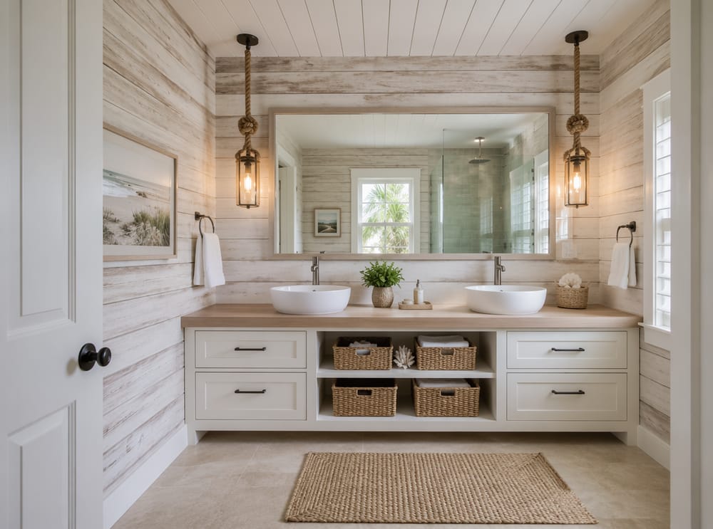 Shiplap blanqueado en dos paredes de baño costero
