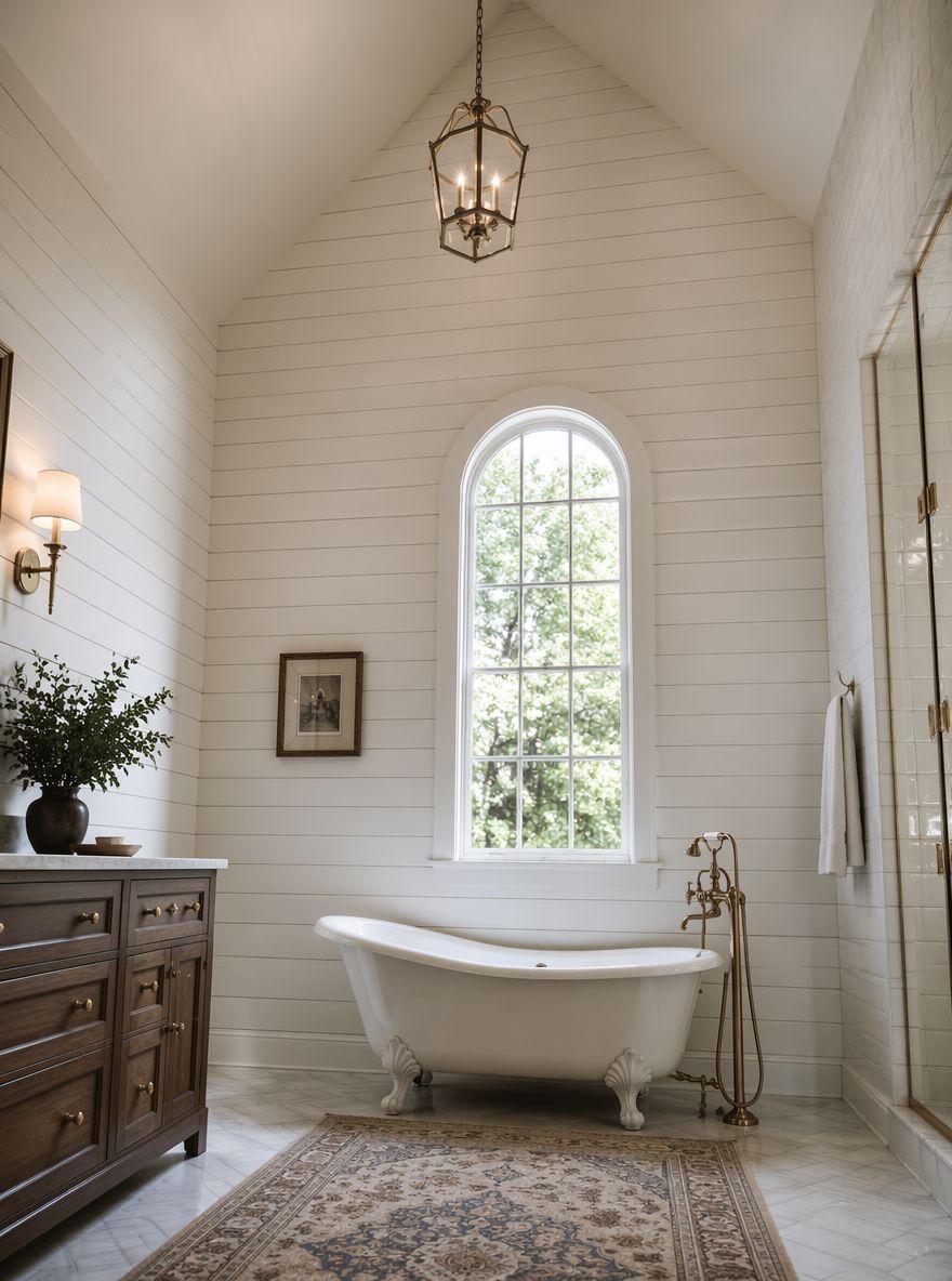 Shiplap blanco subiendo por techo inclinado detrás de bañera con patas