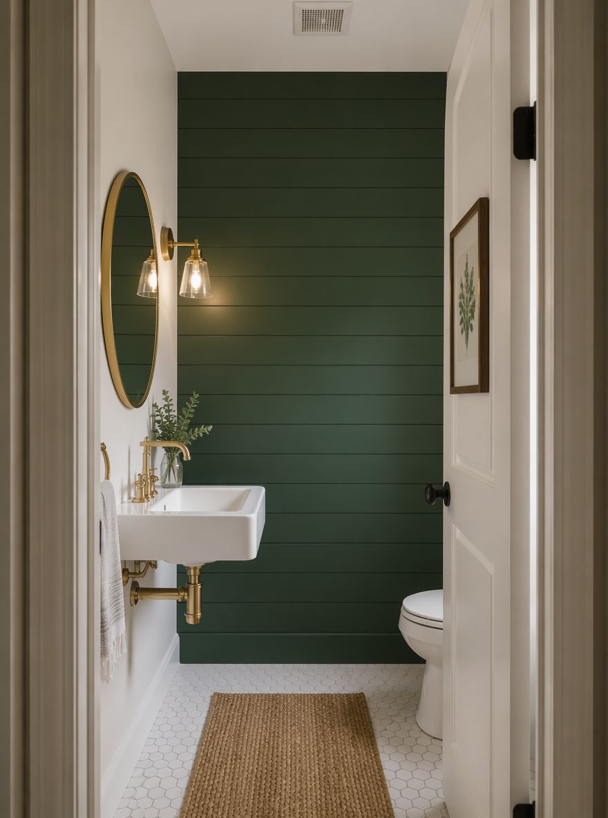 Pared final de shiplap verde bosque en baño de invitados estrecho