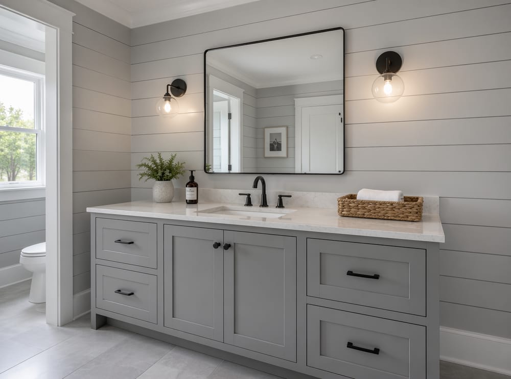 Shiplap gris claro detrás de tocador con lavabo bajo encimera
