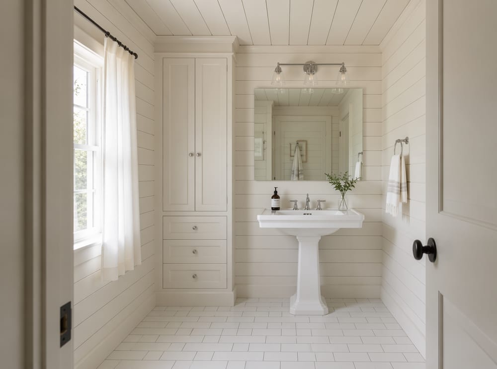 Shiplap marfil en todo el baño con mueble para ropa de cama empotrado