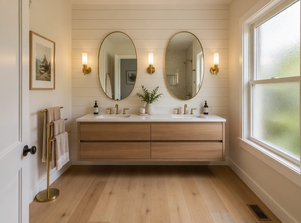 Shiplap crema detrás de doble lavabo flotante y grifería dorada mate