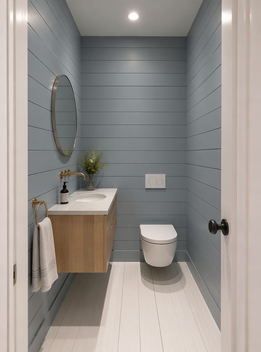 Shiplap azul grisáceo en todo el baño compacto