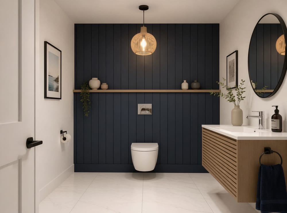 Pared de paneles navy shiplap con inodoro suspendido
