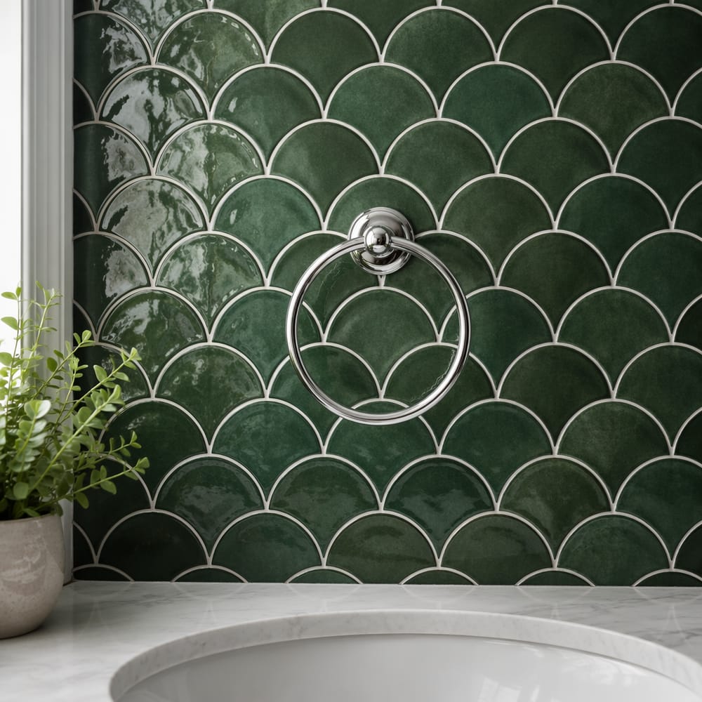 Azulejo escama verde bosque con aro cromado para toalla