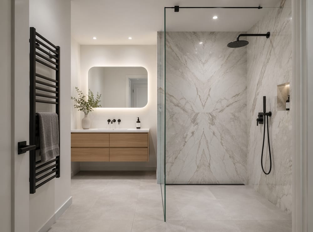 Losa porcelánica bookmatched en la ducha walk-in