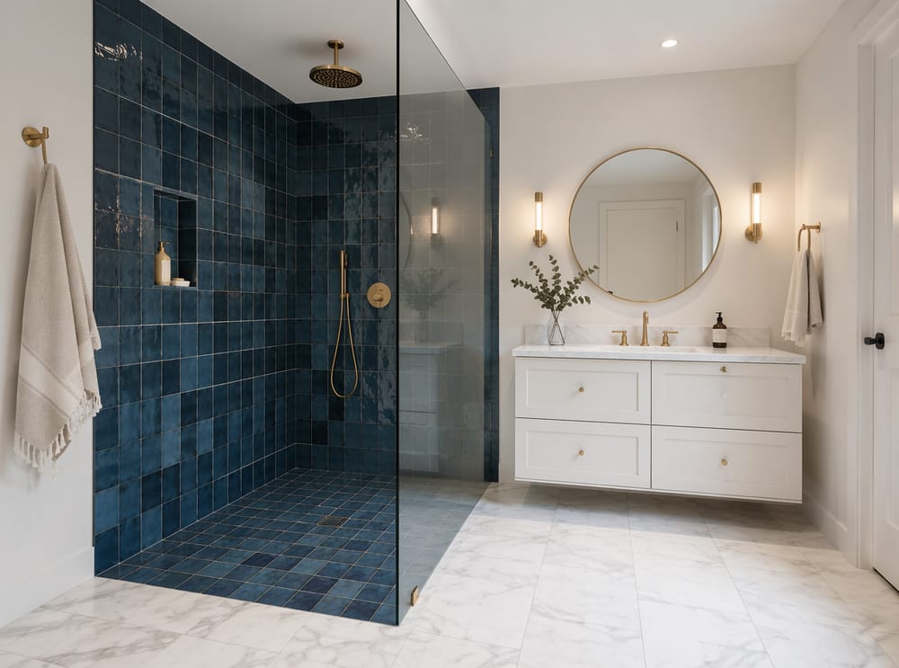 Azulejo zellige azul océano en ducha en L