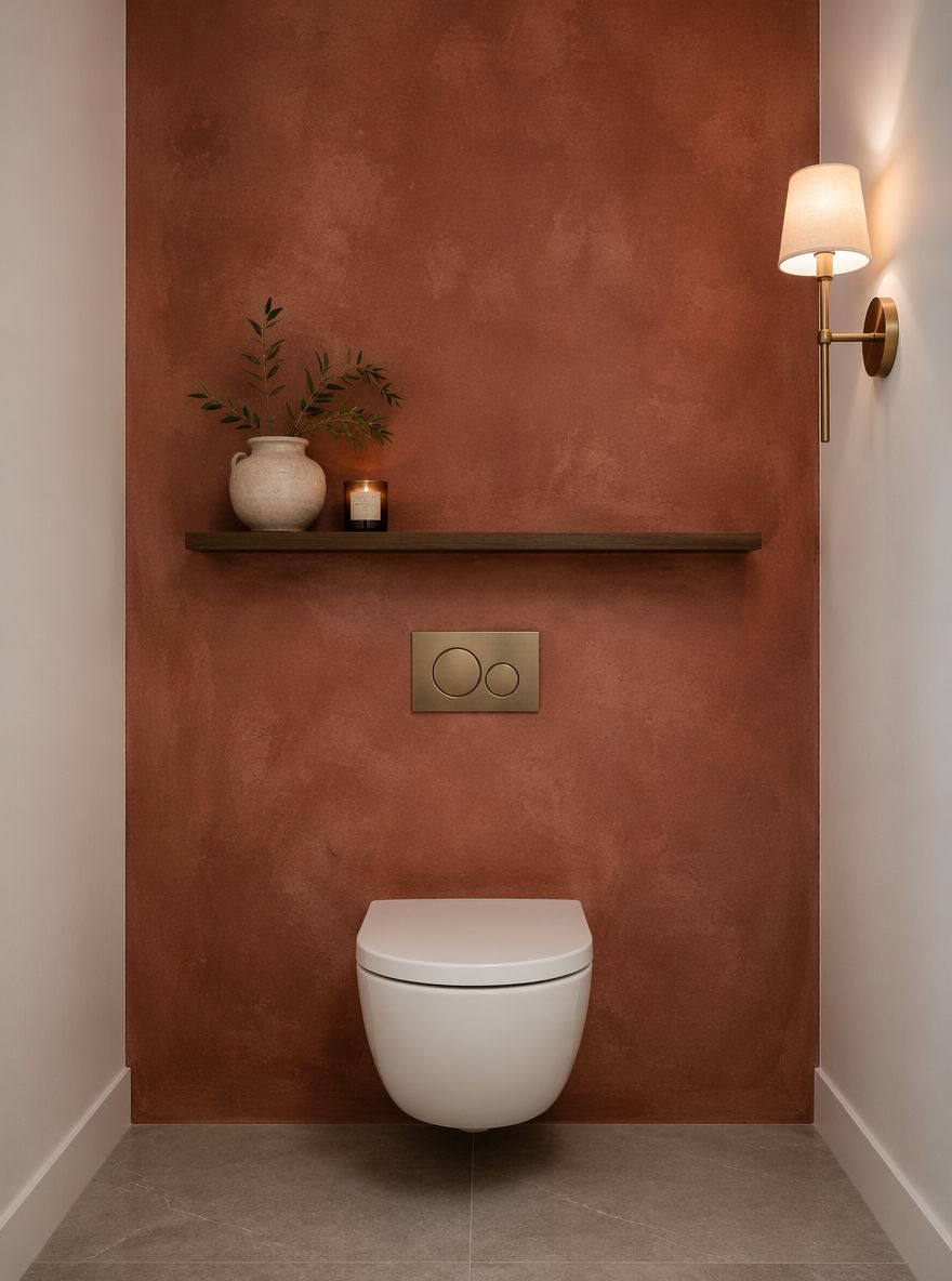 Pared terracota con limewash en baño compacto