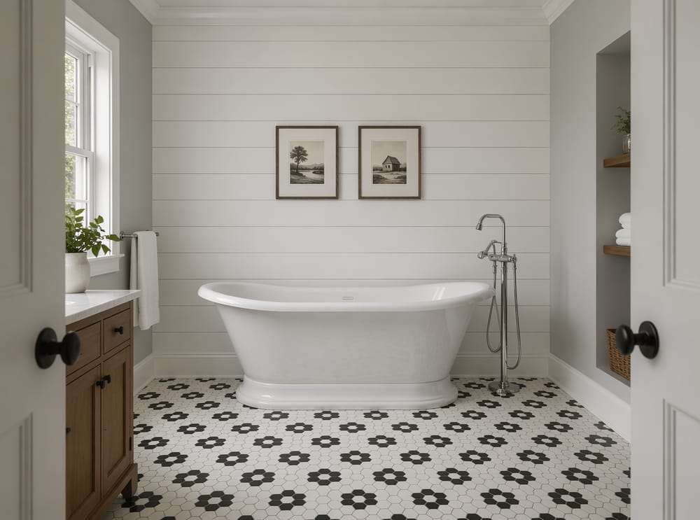 Paneles blancos beadboard tras tina pedestal