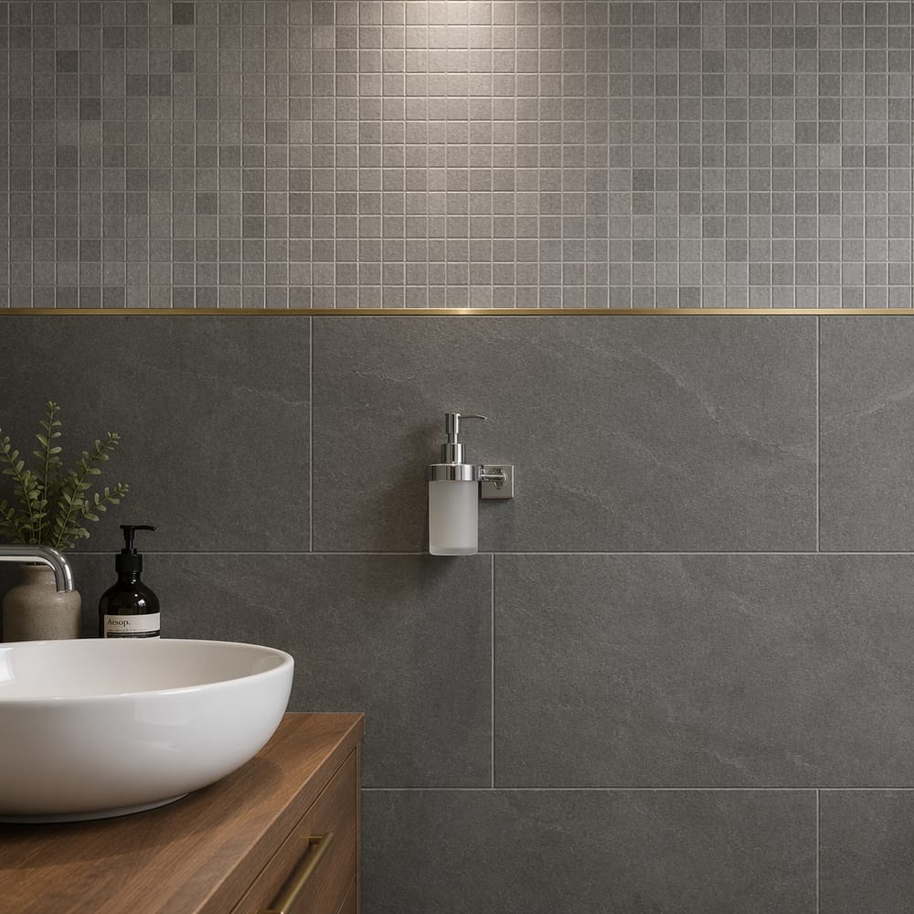 Azulejo gris pizarra con franja divisoria de latón