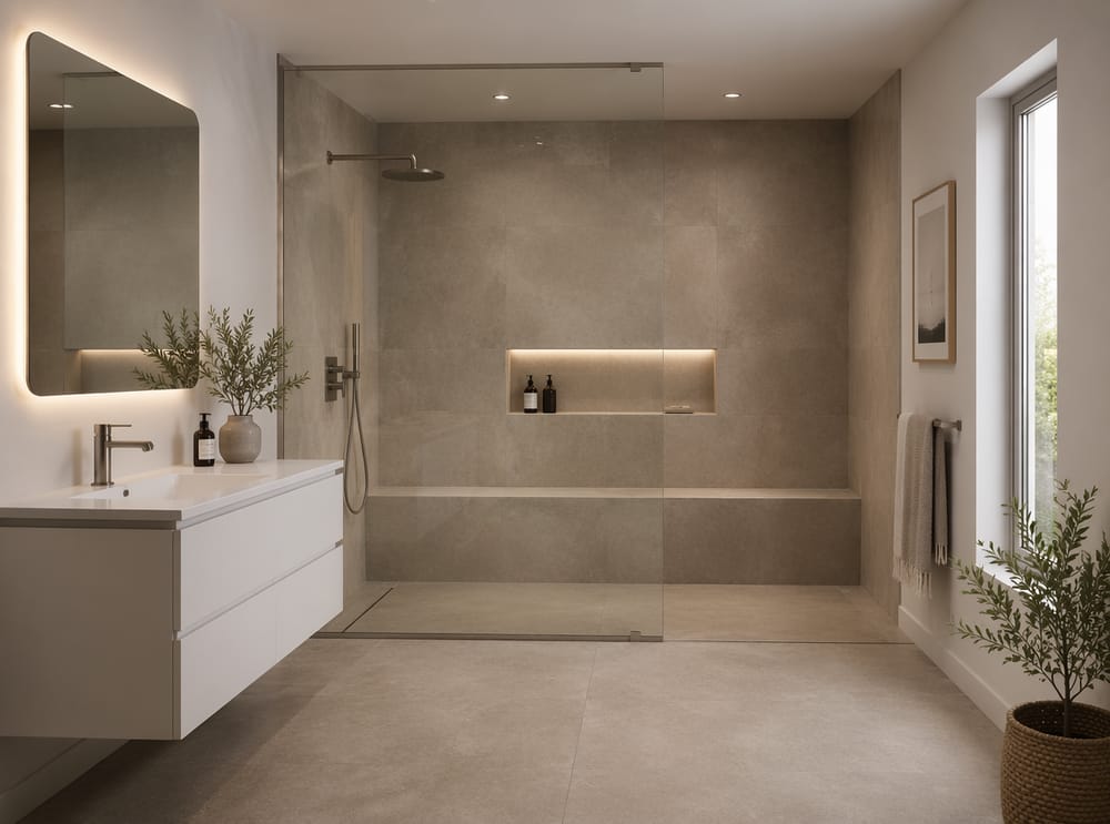 Porcelanato efecto concreto topo en ducha cerrada