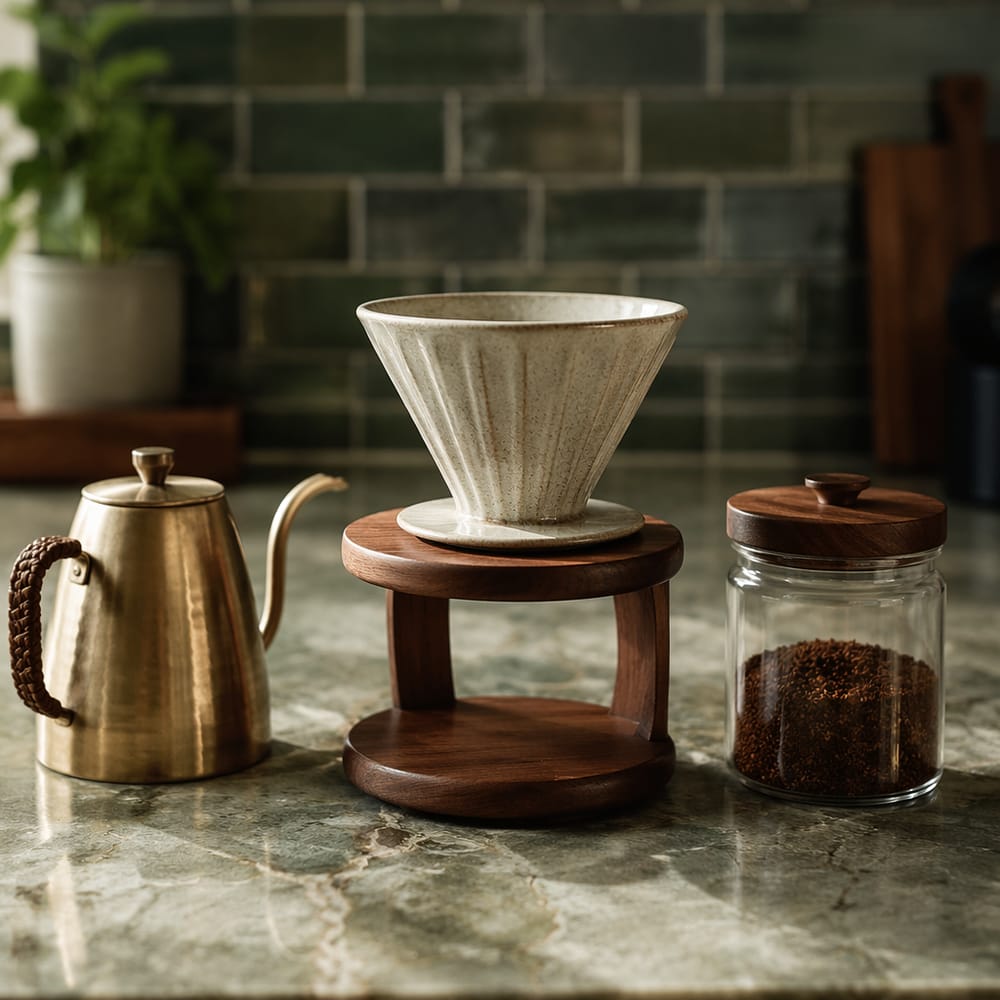 Superficie de cuarcita con estación de café y tetera de latón