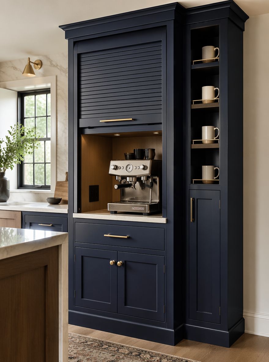 Gabinete con puerta tipo persiana oculta la cafetera espresso