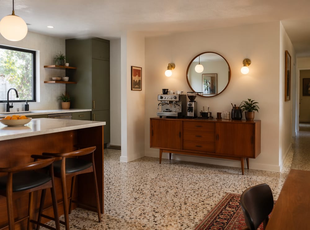 Aparador de teca reutilizado como estación de café mid-century