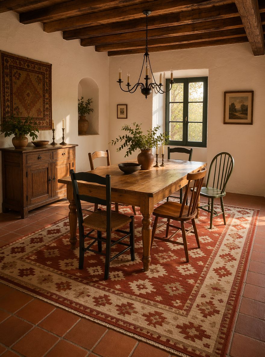 Czerwony kilim pod sosnowym stołem w stylu farmhouse