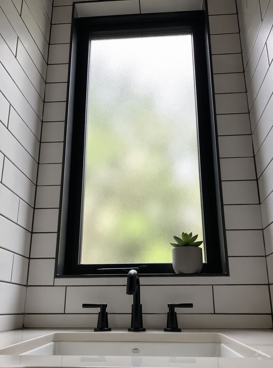 Ventana de vidrio esmerilado que difumina la luz sobre fregadero bajo encimera