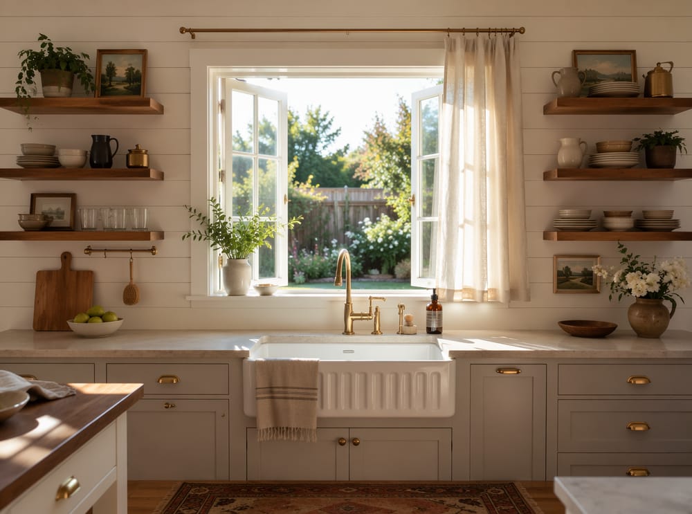 Estantes abiertos al lado de ventana abatible, salpicadero shiplap