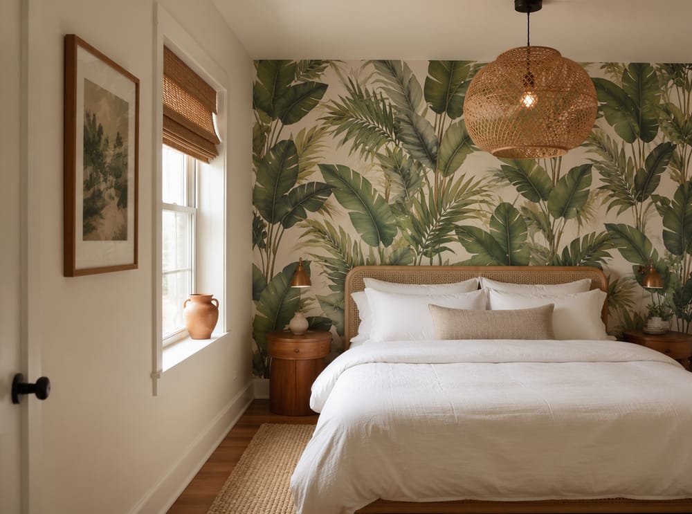 Estampado de hojas tropicales grandes detrás de la lámpara de ratán