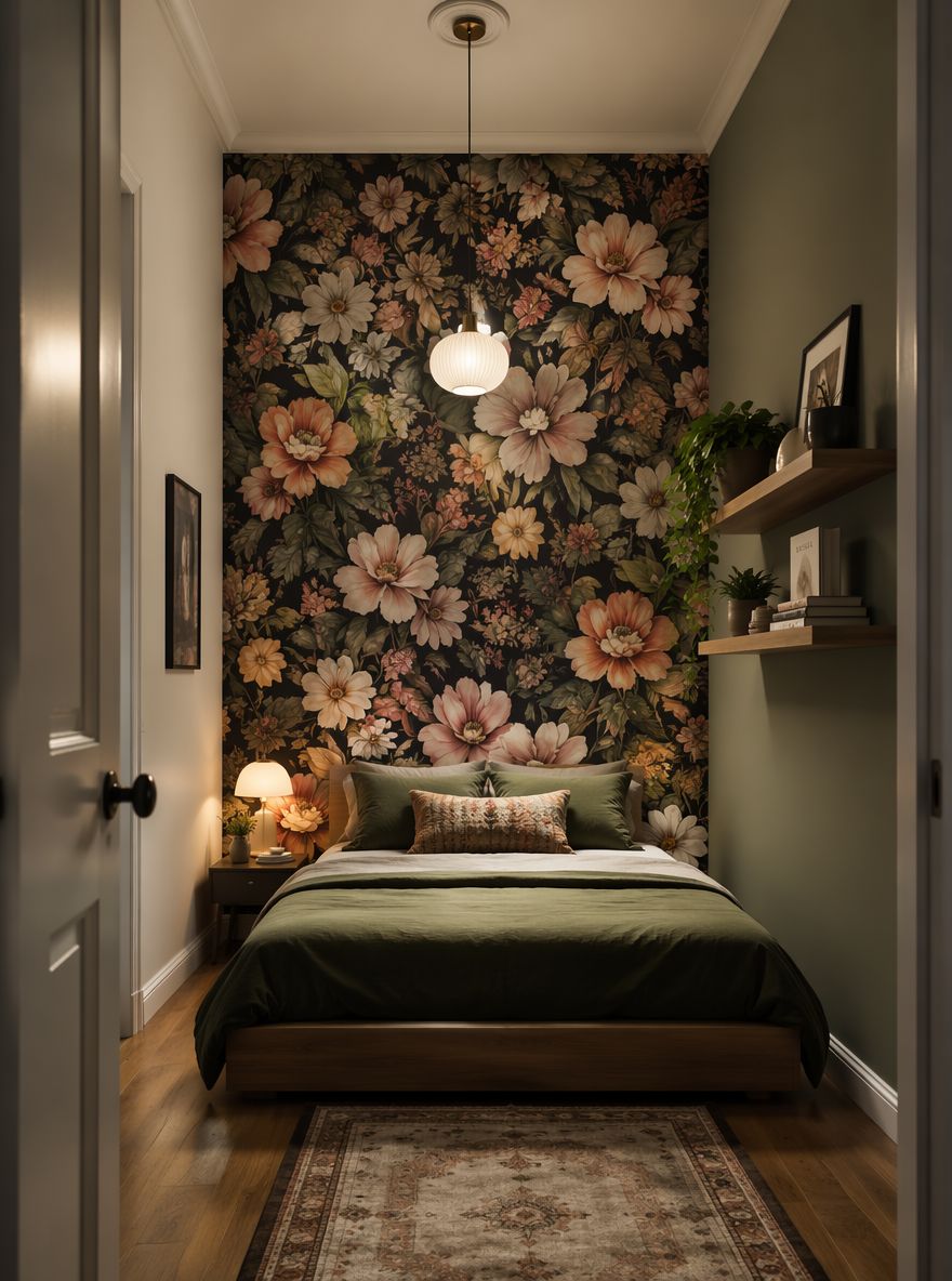 Papel tapiz floral llamativo en un dormitorio estrecho