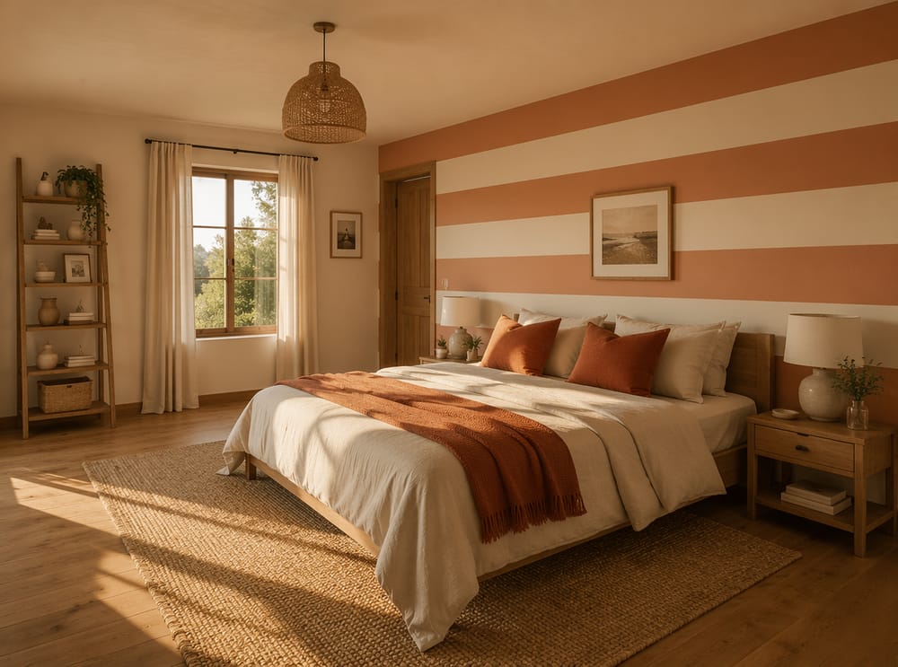 Rayas crema y terracota detrás de ropa de cama de lino