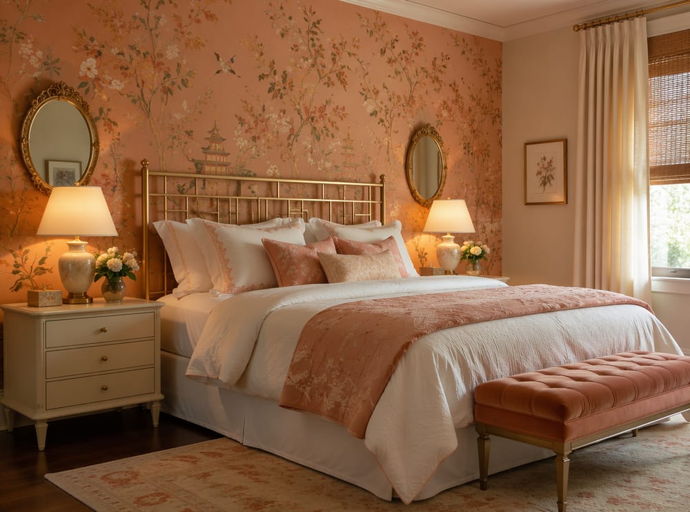 Estampado chinoiserie con cabecero metálico dorado