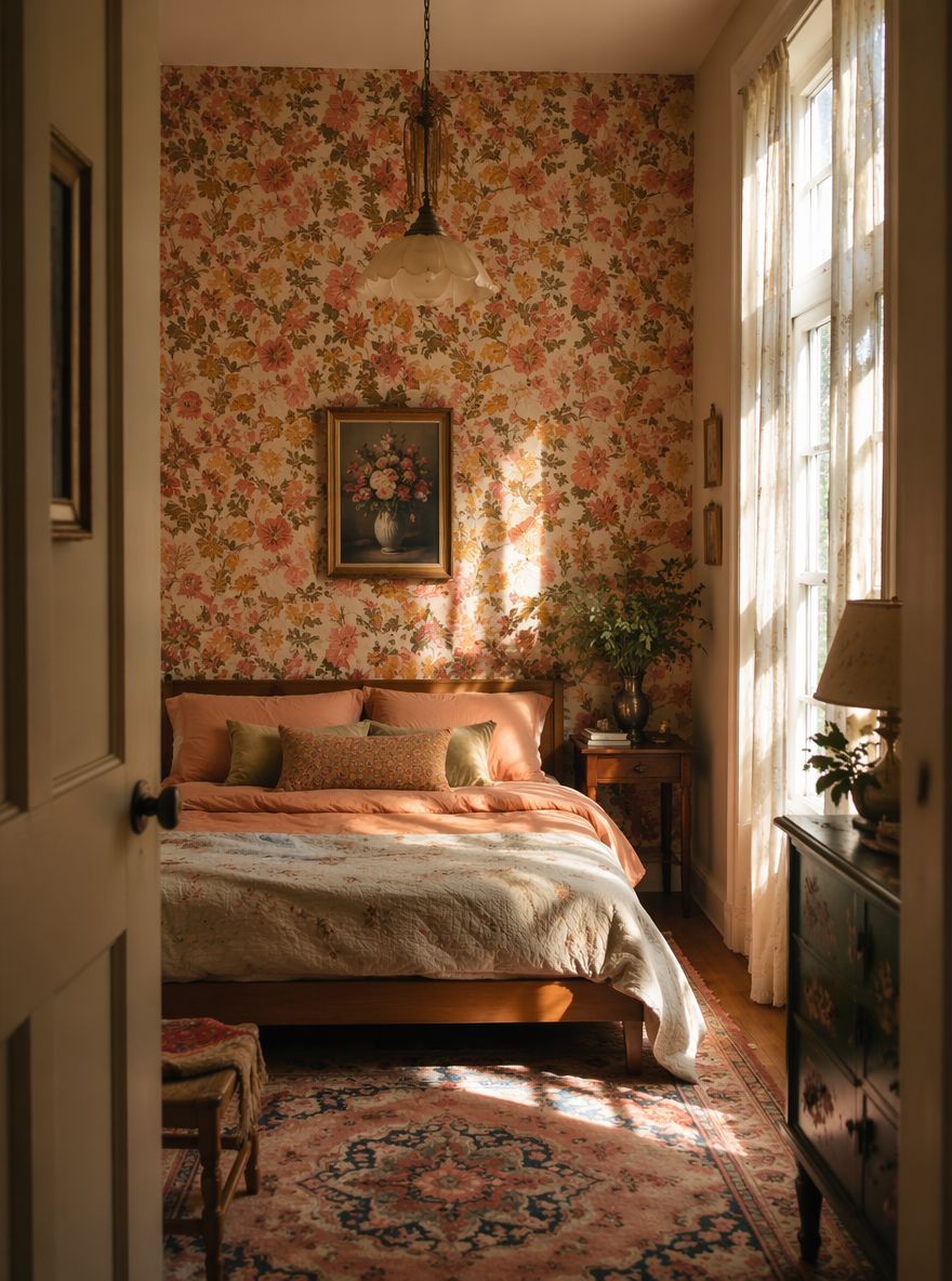 Papel tapiz floral vintage junto a ventana de altura completa