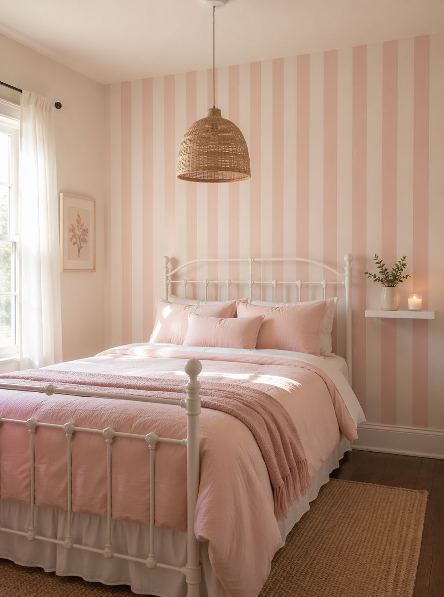 Papel tapiz de rayas verticales rosa suave con cama de hierro