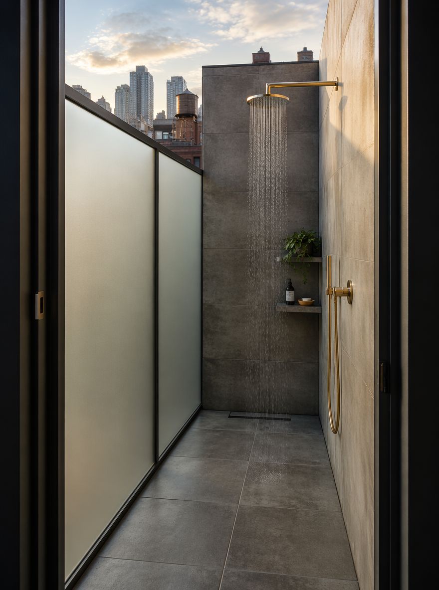 Doccia sul tetto con rubinetto in ottone e vista skyline