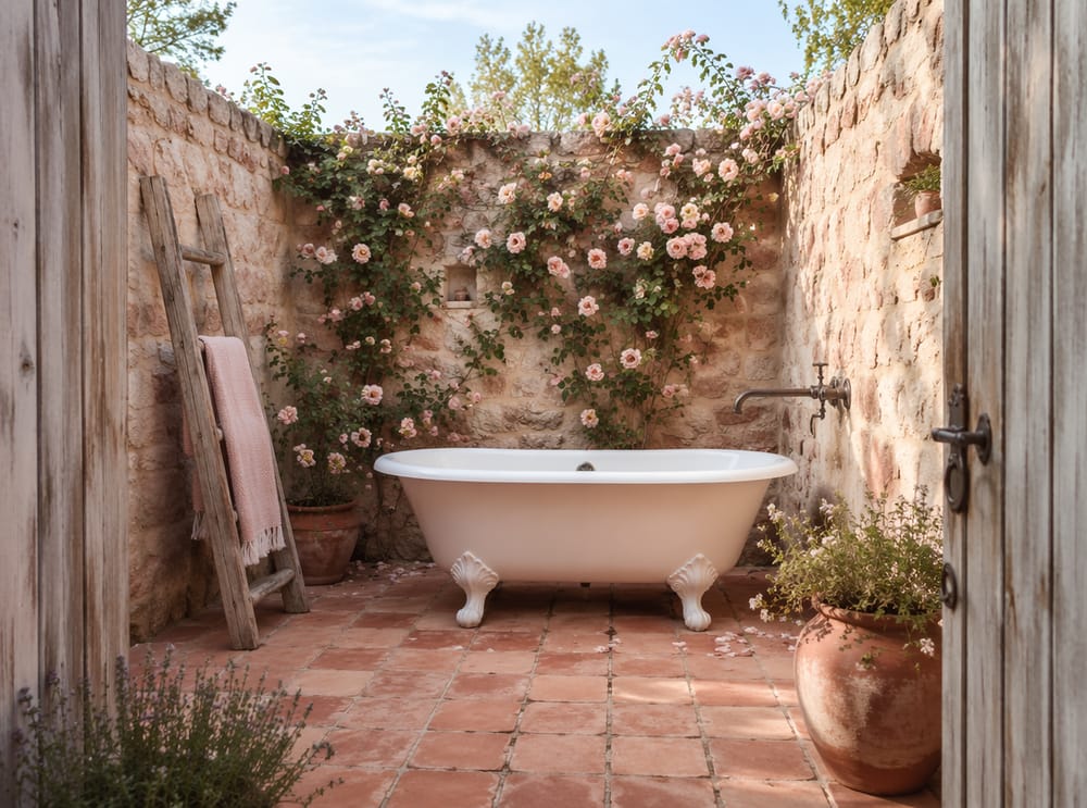 Vasca con piedini in cortile murato tra rose rampicanti