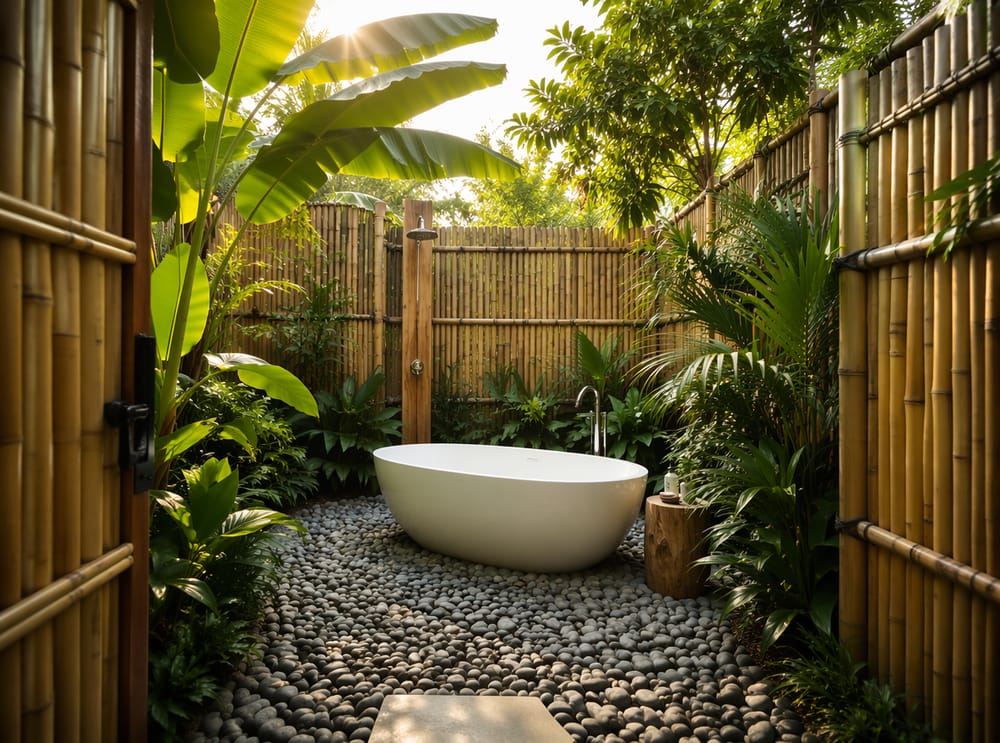 Vasca ovale al centro di un giardino tropicale di bambù