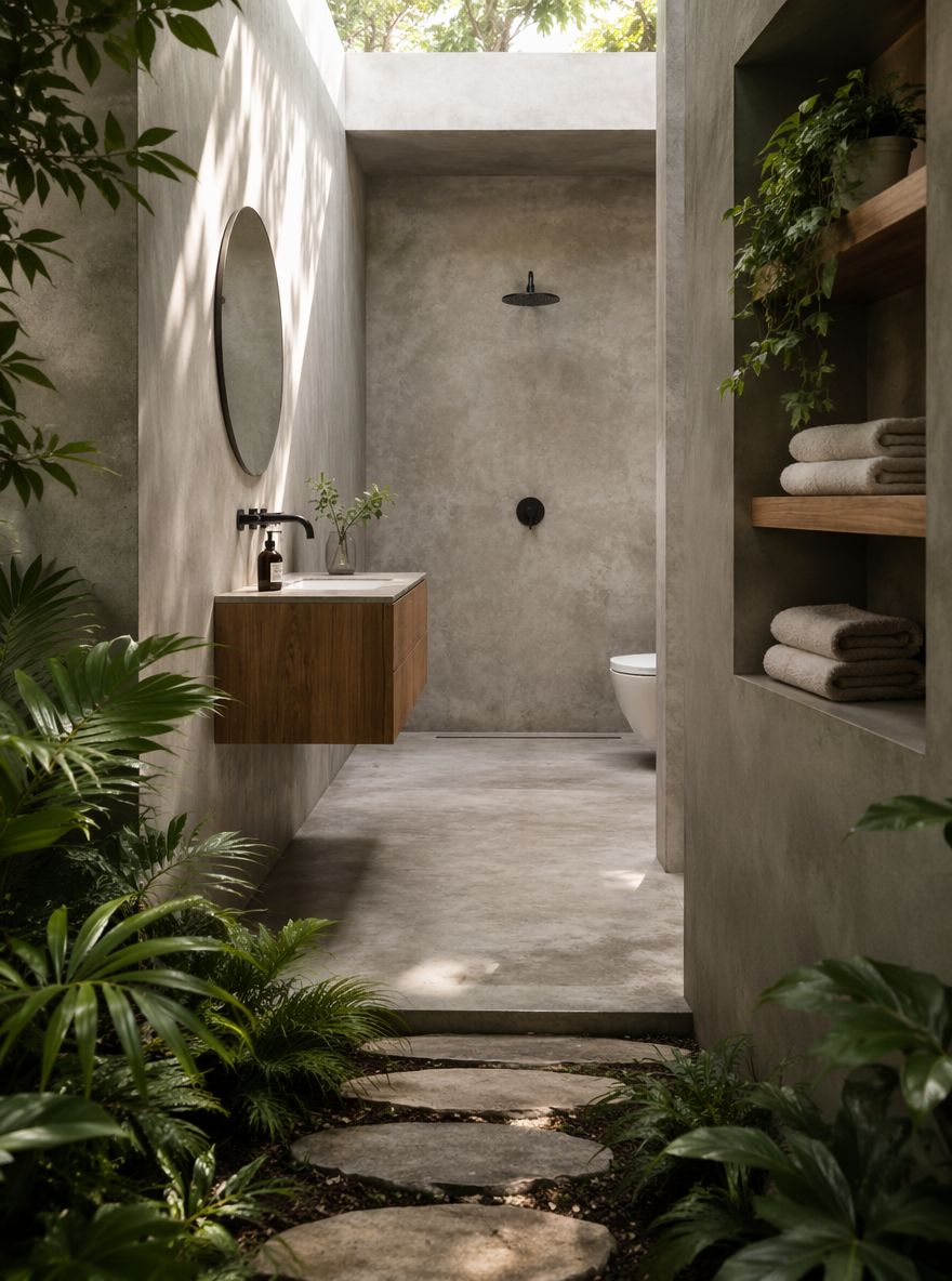 Mobile lavabo in teak sospeso con mensole in cemento integrate