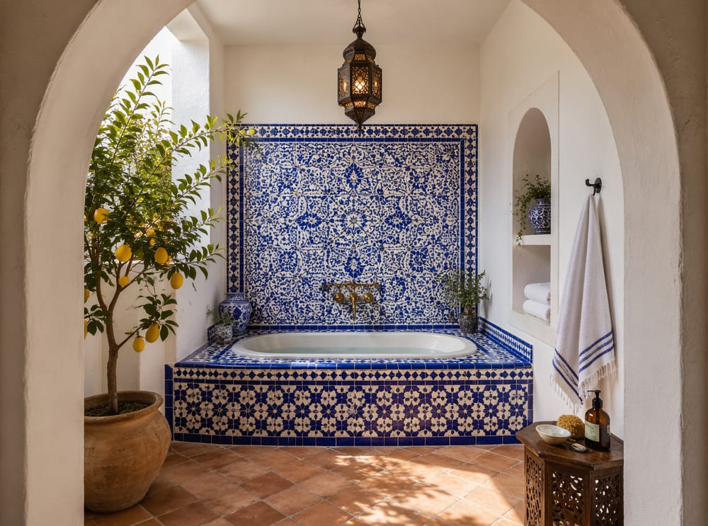 Vasca con piastrelle zellige in cortile mediterraneo intonacato