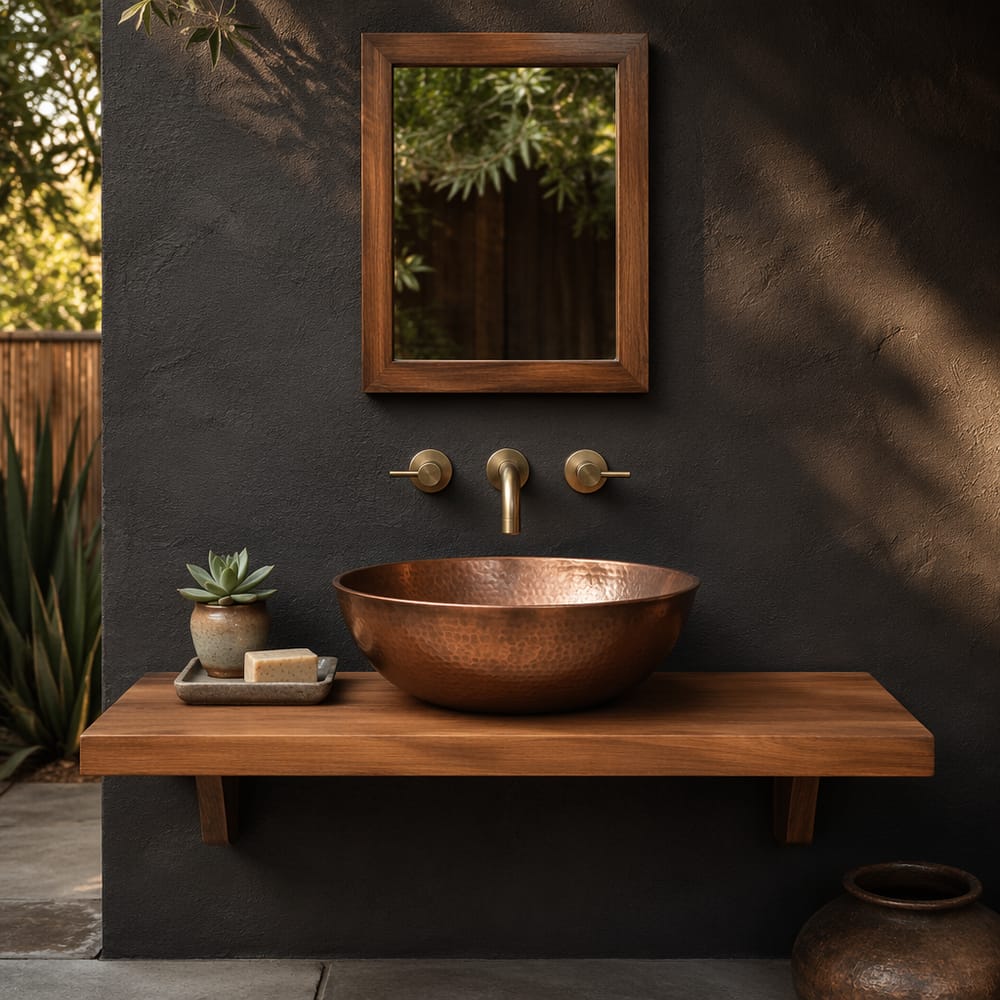 Lavabo in rame martellato su mensola a muro in teak