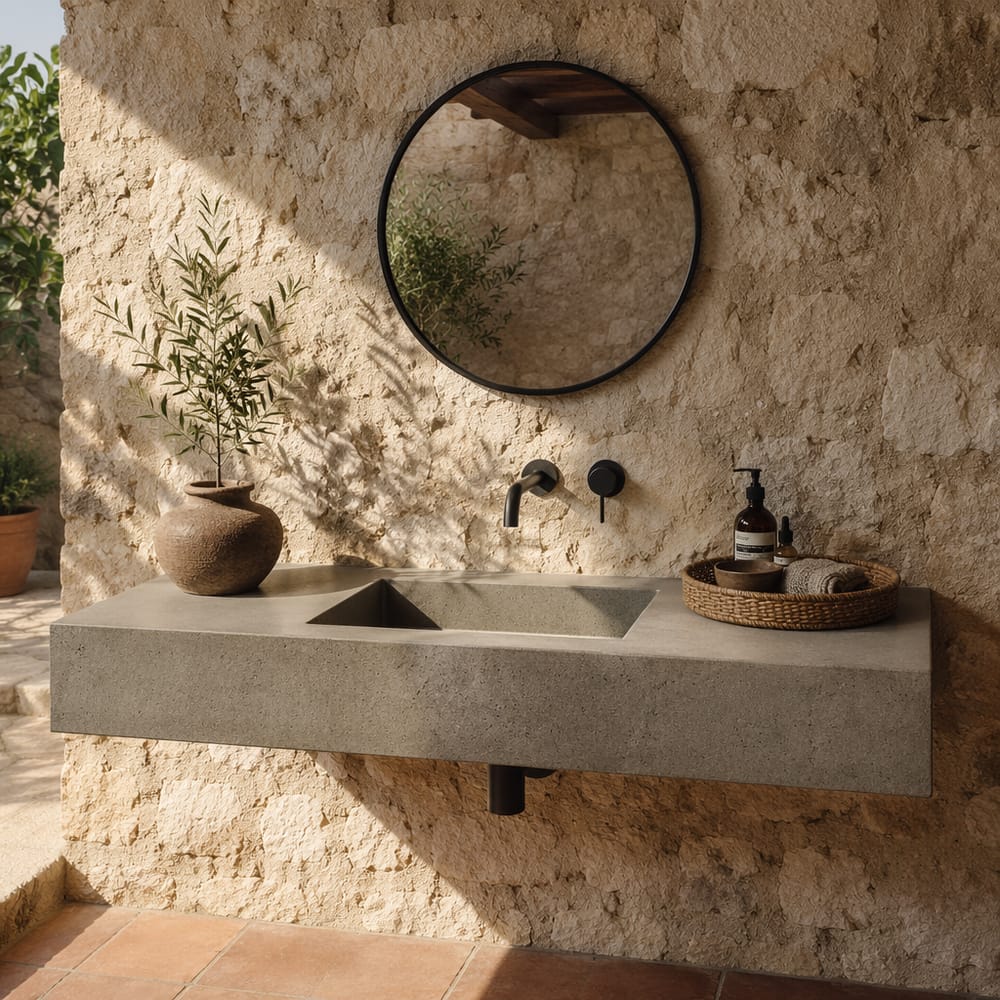 Lavabo in cemento e rubinetto nero opaco su parete in pietra calcarea