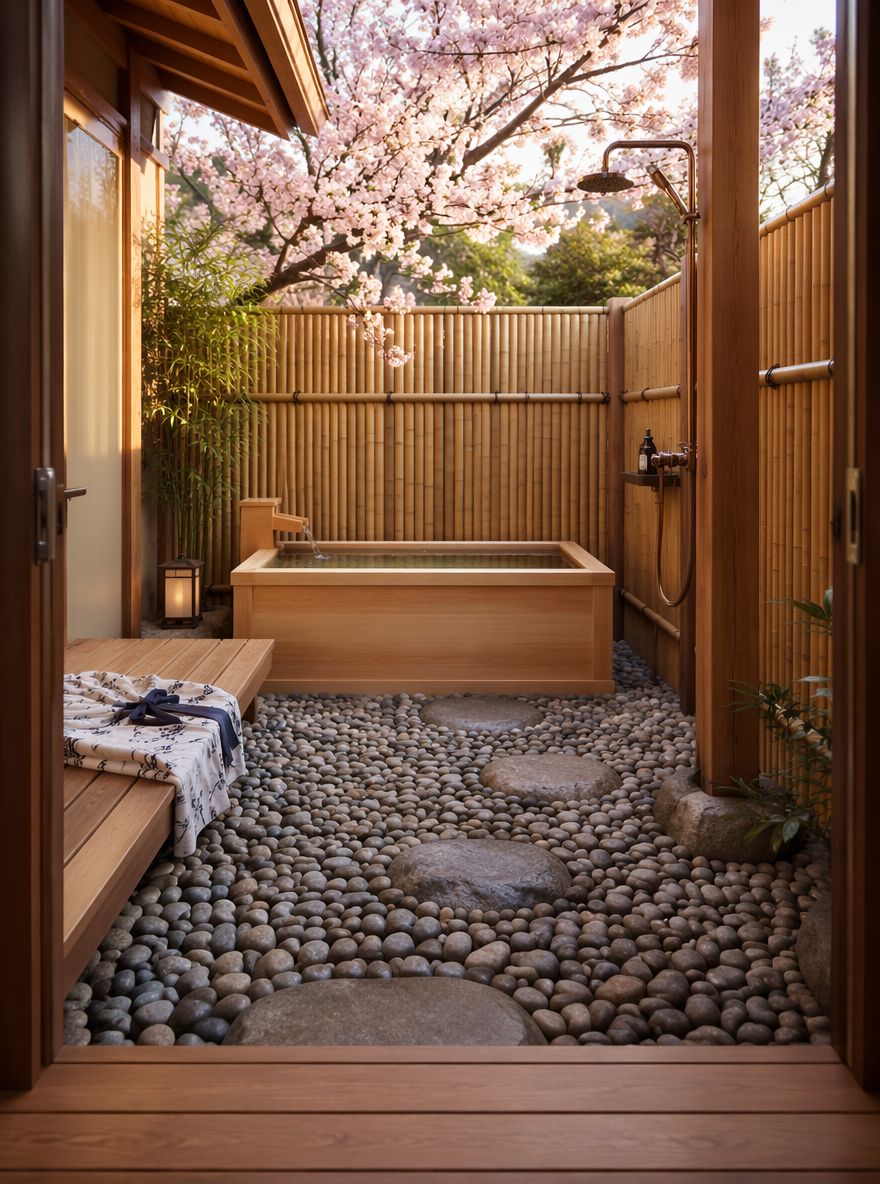 Vasca in legno hinoki sotto i rami di ciliegio