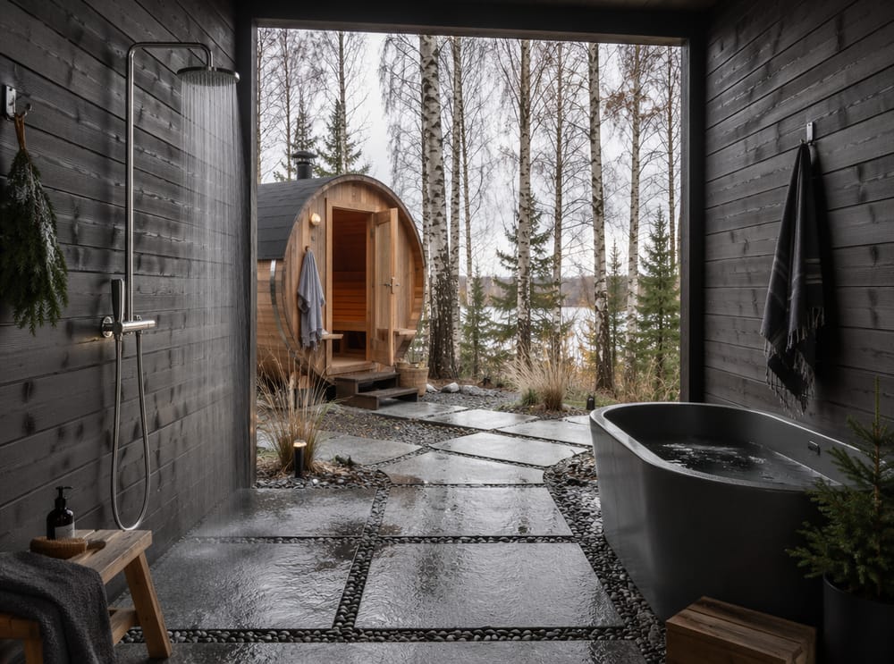 Doccia in tavole di pino vicino a bagno freddo e sauna in cedro