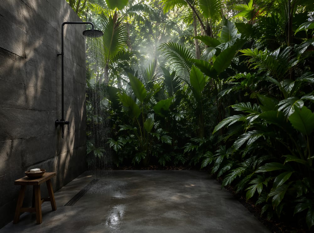 Doccia con tubi neri opachi circondata da vegetazione tropicale