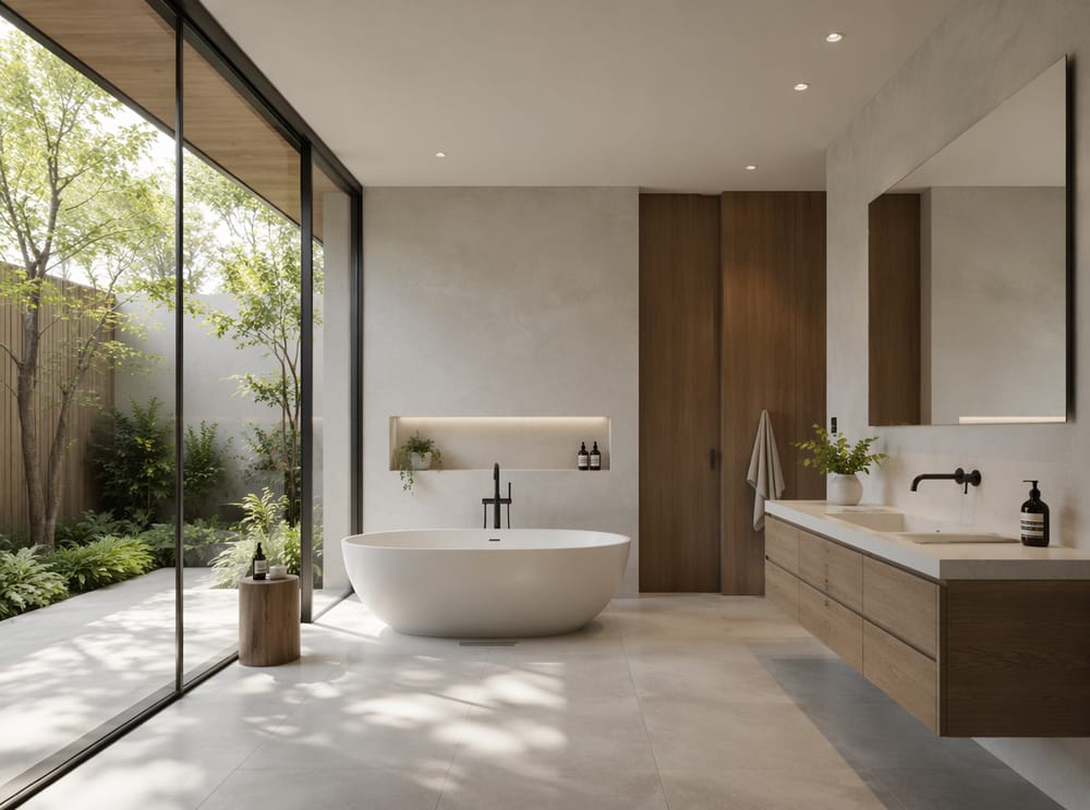 Mobile in rovere affumicato e vasca ovale aperti sul giardino privato