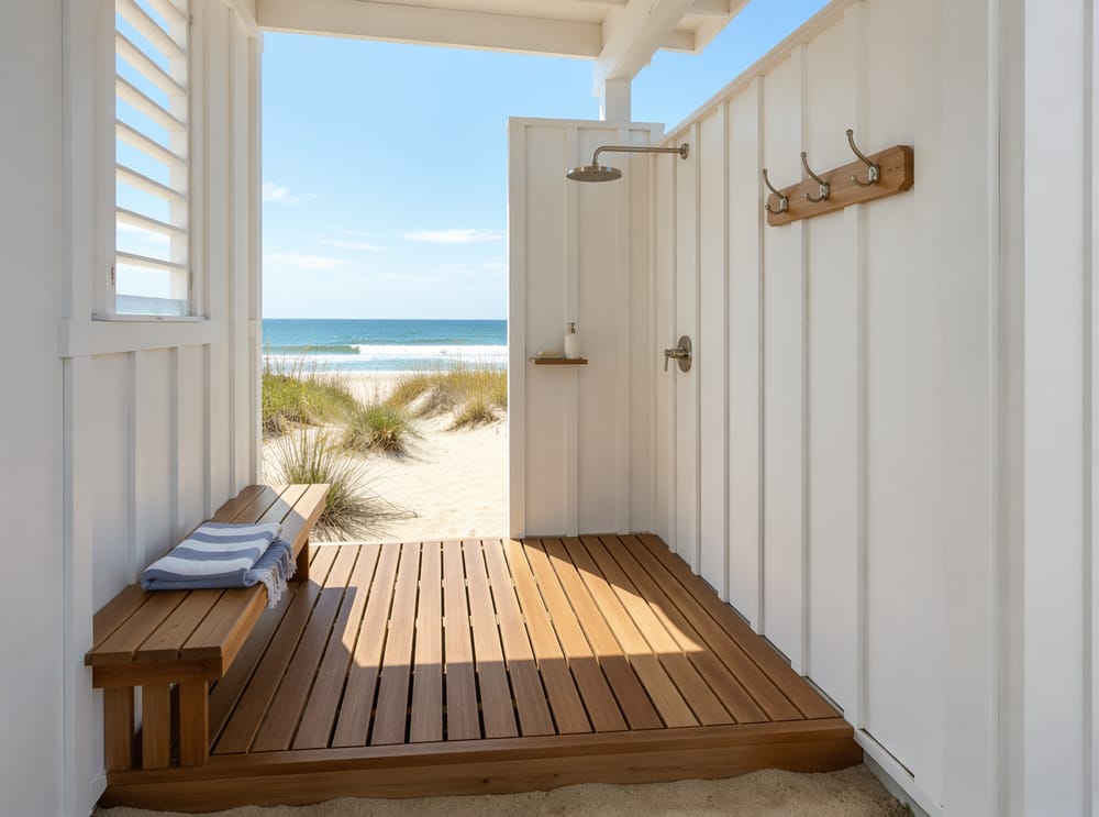 Doccia da spiaggia a perline con piattaforma a doghe in teak