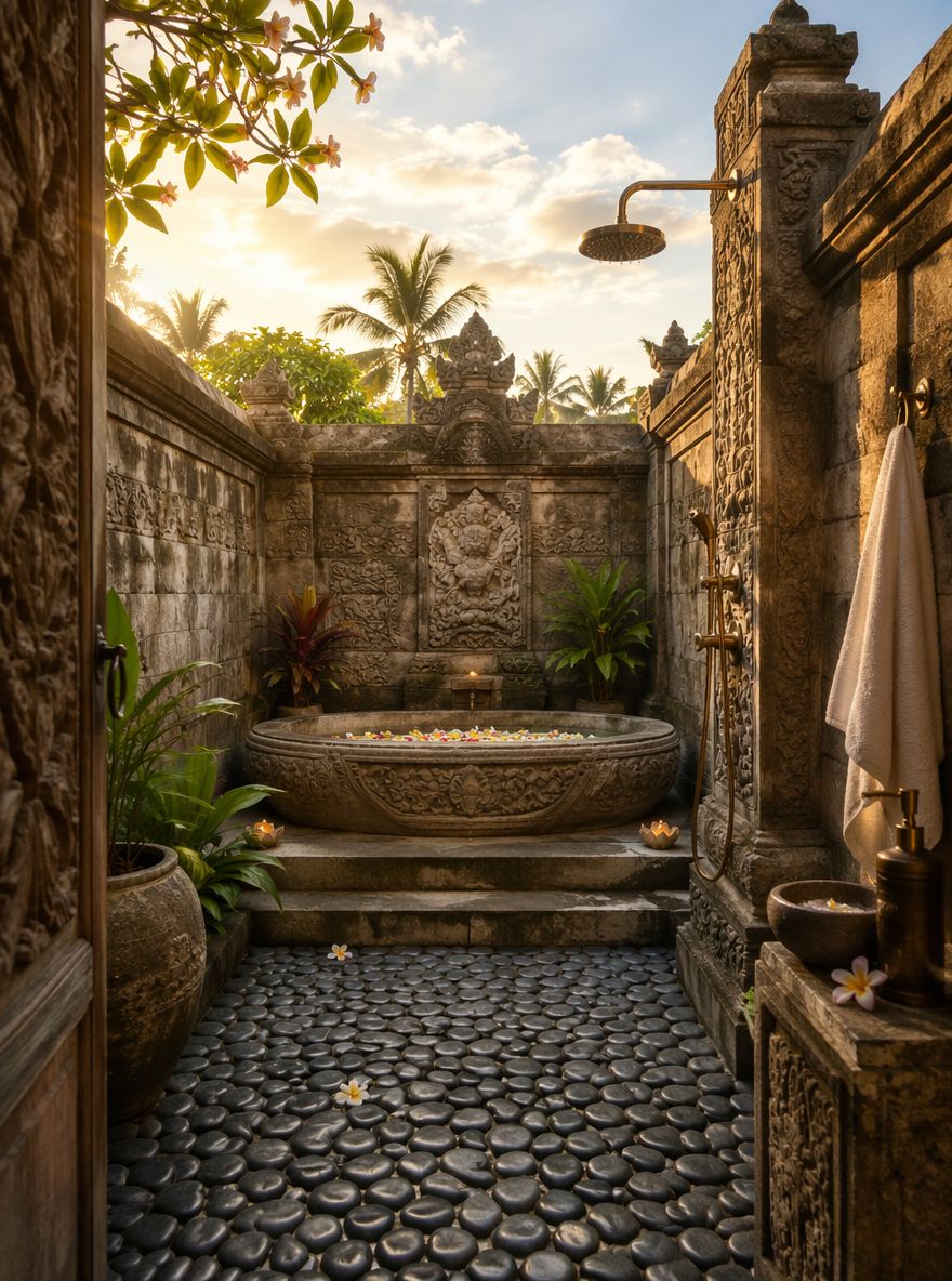 Vasca in pietra scolpita con petali di frangipani in giardino balinese