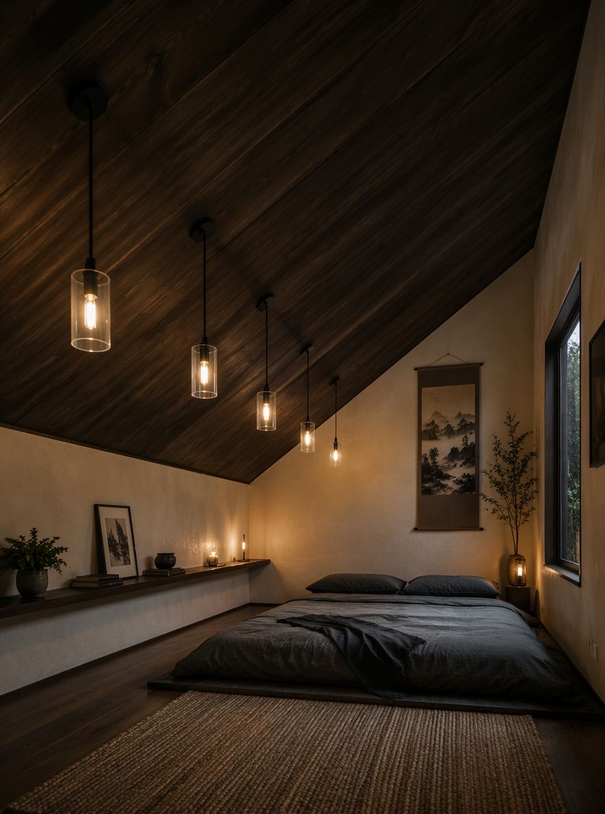 Staggered pendants following the slope toward the tall wall
