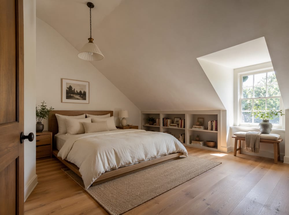 Platform bed anchored beneath the ceiling's highest point