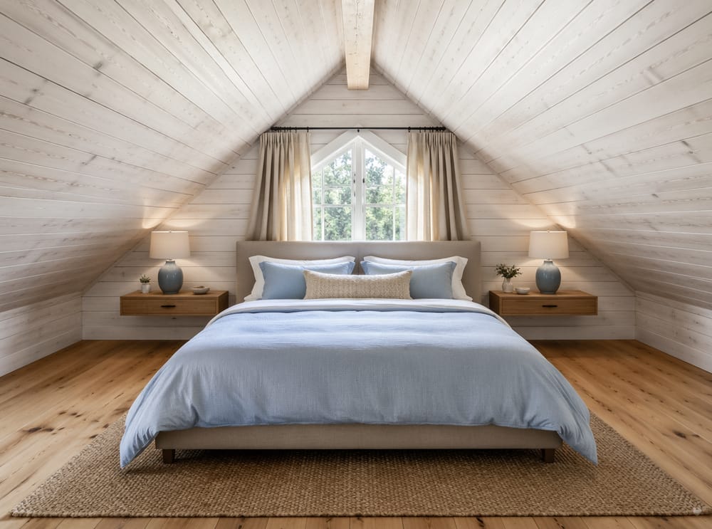 Symmetrical A-frame slope centered around a fabric headboard