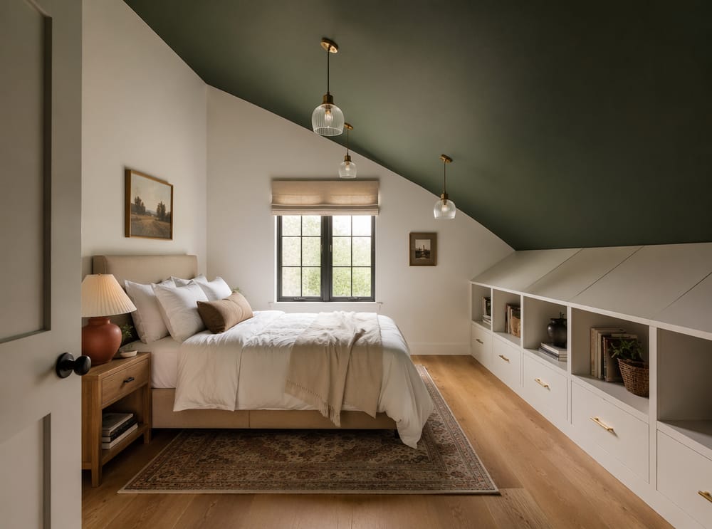 Deep green sloped ceiling contrasting with white walls