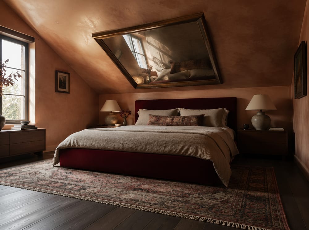 Large mirror mounted flat on the sloped ceiling surface