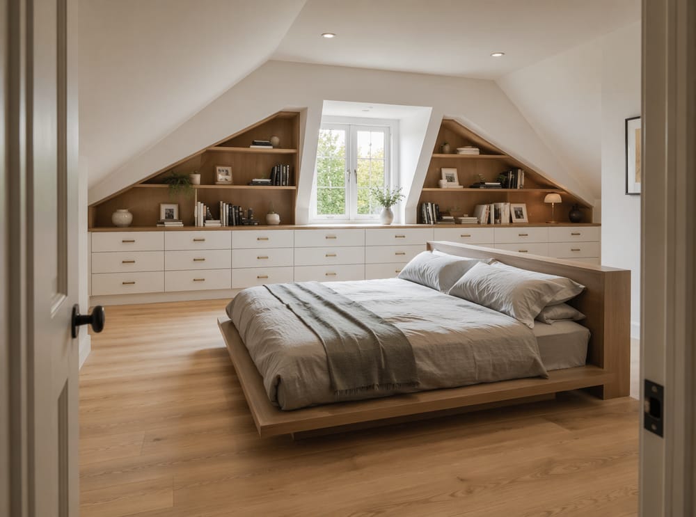 Continuous built-ins lining the full sloped wall