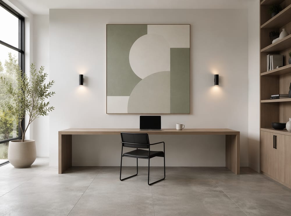 Oversized canvas above clean minimalist desk setup